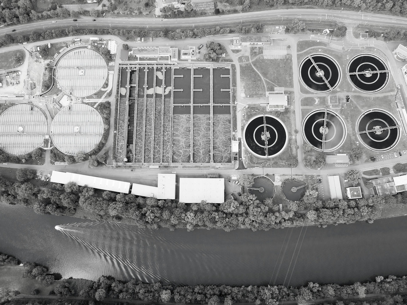 Aerial view of a water-treatment plant, critical infrastructure RedEye protects